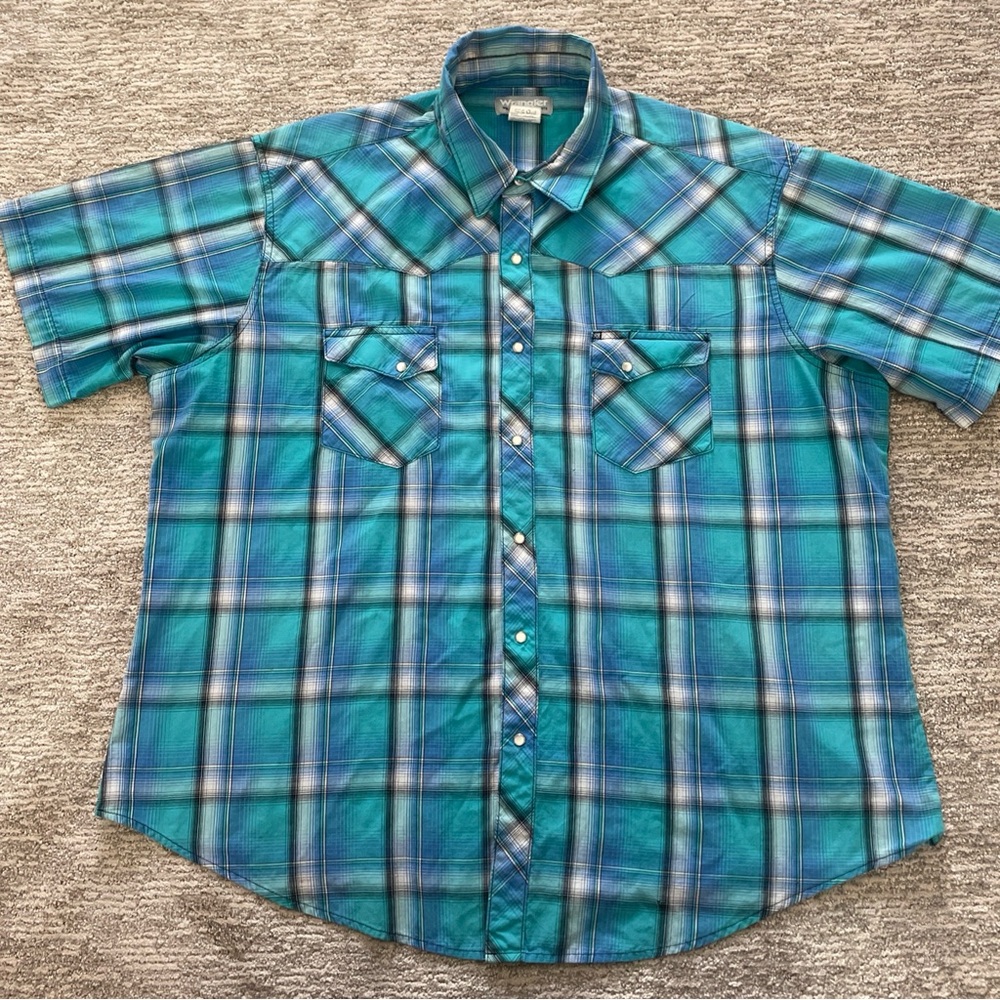 Wrangler Wrancher Shirt Mens XXL Blue Plaid Pearl Snap Chest Pockets Western